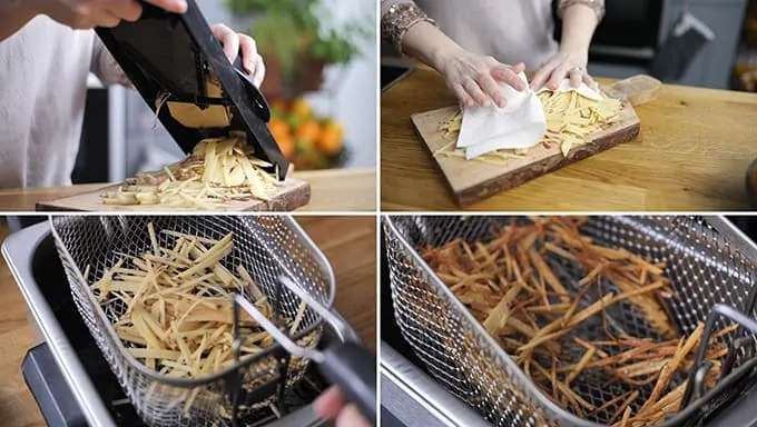 Collage of four images showing the making of shoestring fries. 1: slicing potatoes on a mandolin, 2: drying fries with kitchen roll, 3: fries going into fryer, 4: cooked fries being lifted out of fryer.