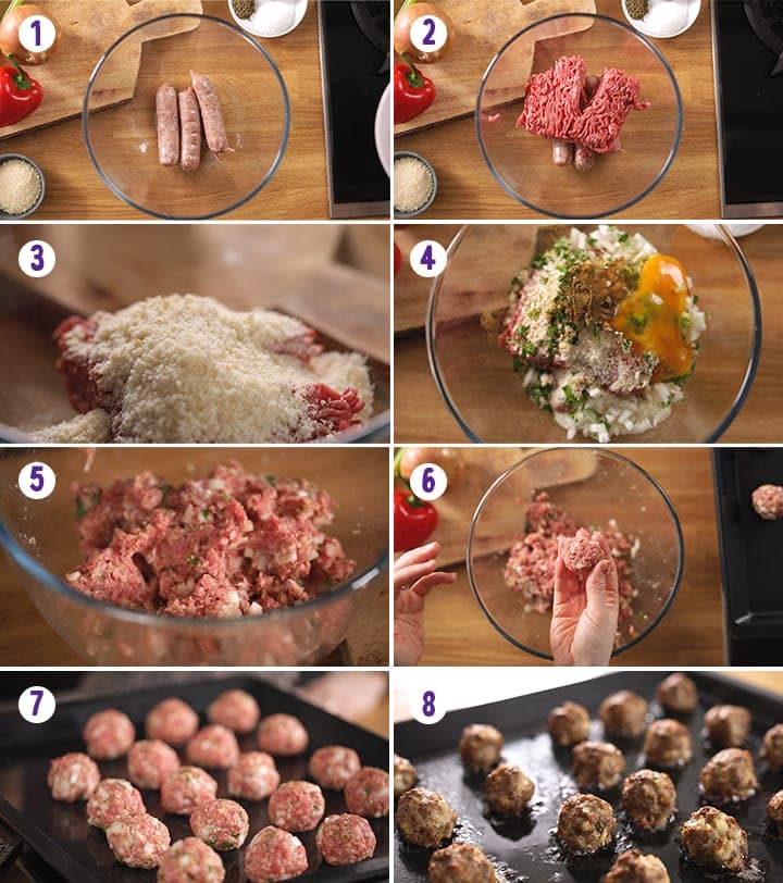 8 step collage showing how to make meatballs