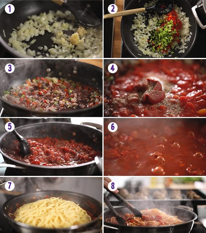 8 image collage showing how to make spaghetti and meatballs