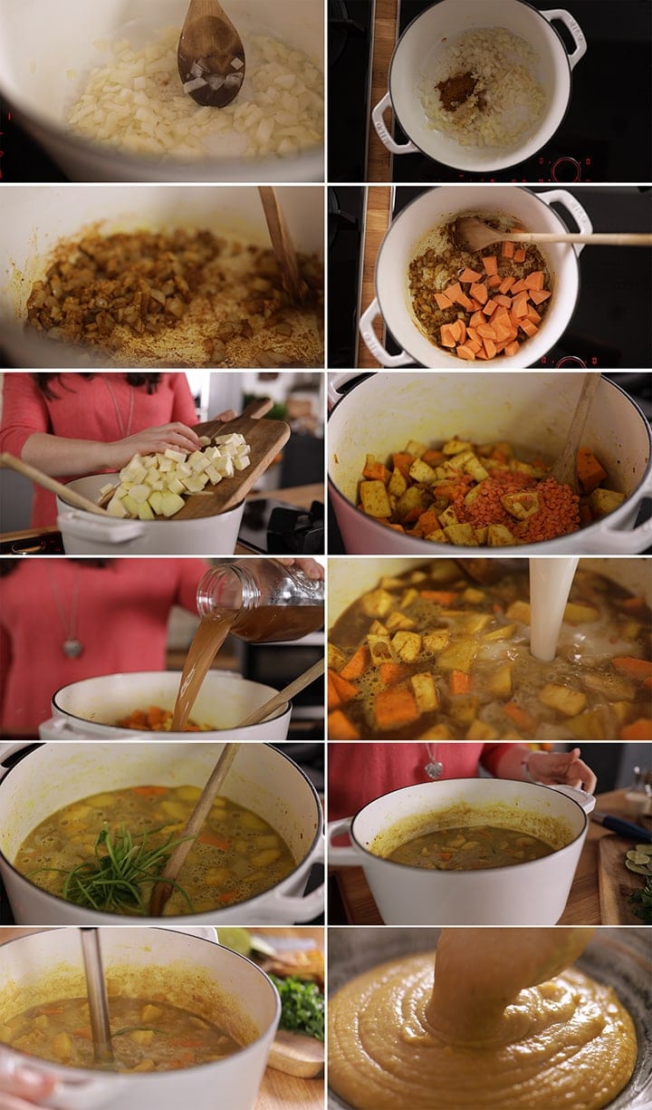 12 image collage showing how to make parsnip and sweet potato soup