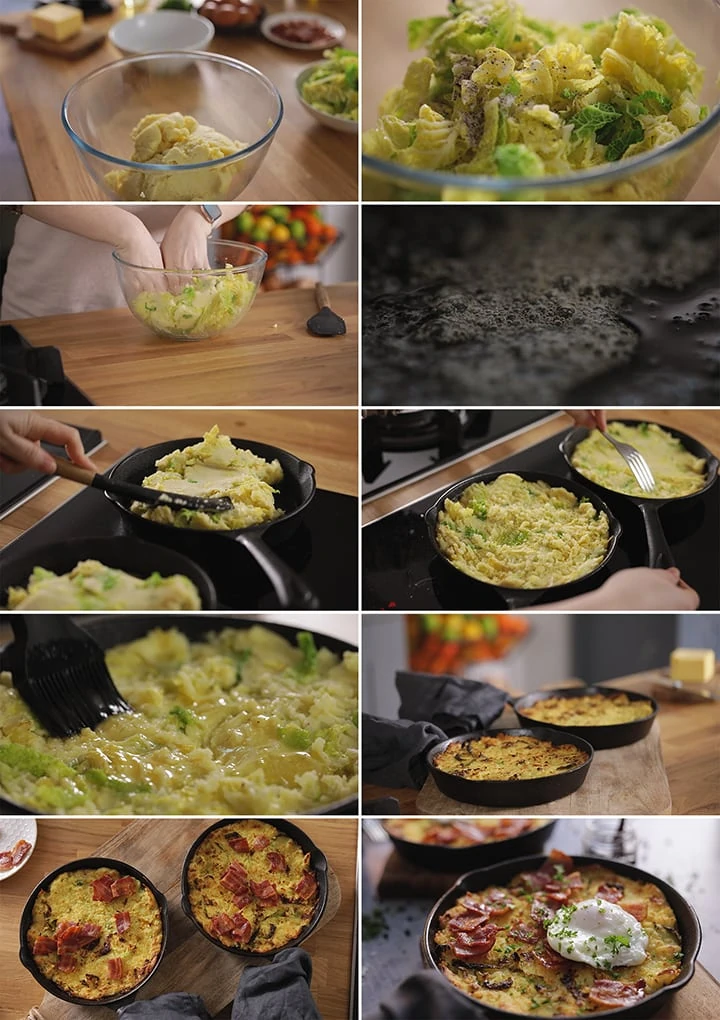 10 image collage showing how to make bubble and squeak