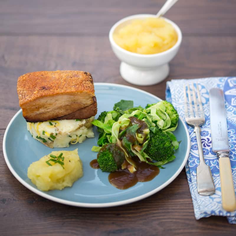 Slow Cooked Belly Pork with Homemade Apple Sauce and Crushed Lemon