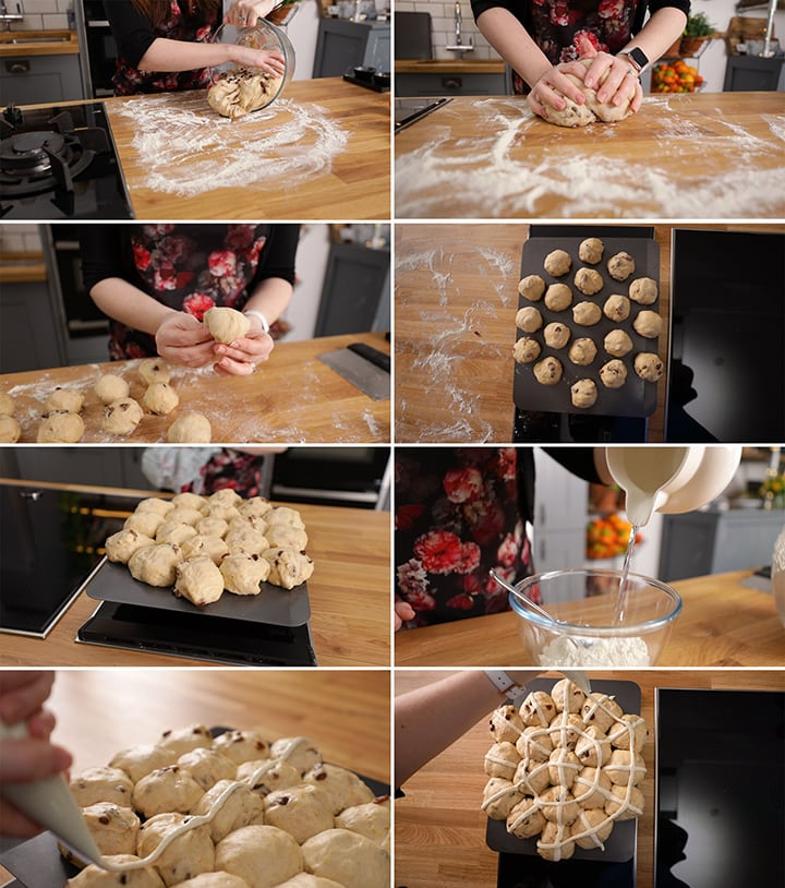 Final process steps for making hot cross buns - including shaping the buns.