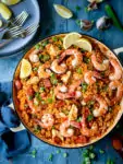 Overhead image of jambalaya with chicken and king prawns