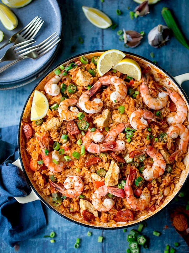 Overhead image of jambalaya with chicken and king prawns