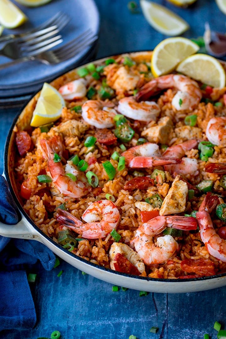 Close up of pan of Jambalaya