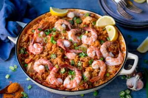 Wide image of a pan of jambalaya