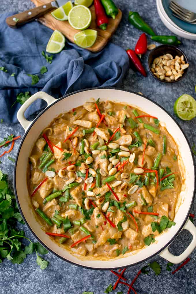 Large pan peanut butter chicken curry with green beans, chillies and coriander (cilantro)