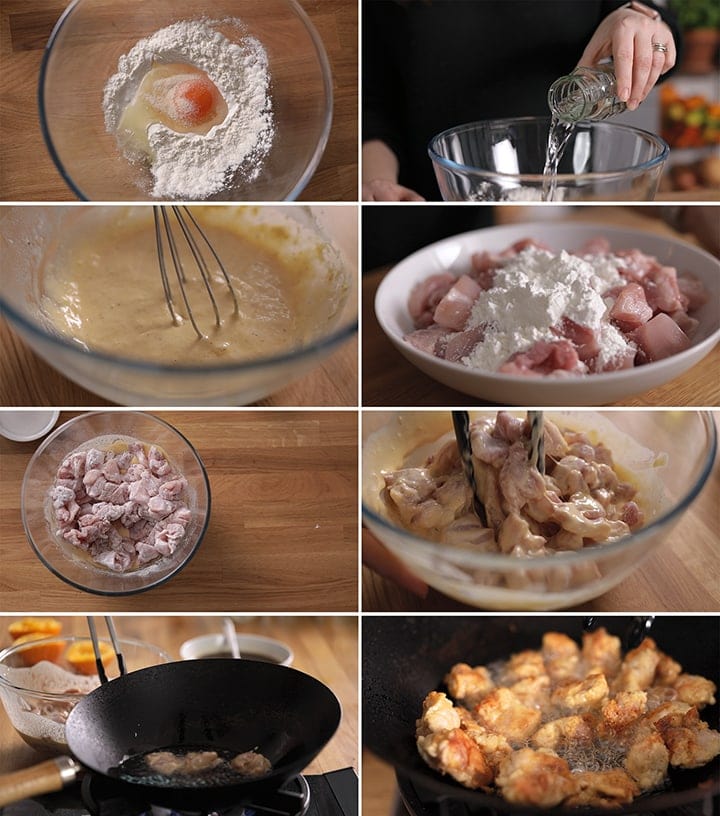 6 image collage of making crispy chicken for Chinese orange chicken recipe