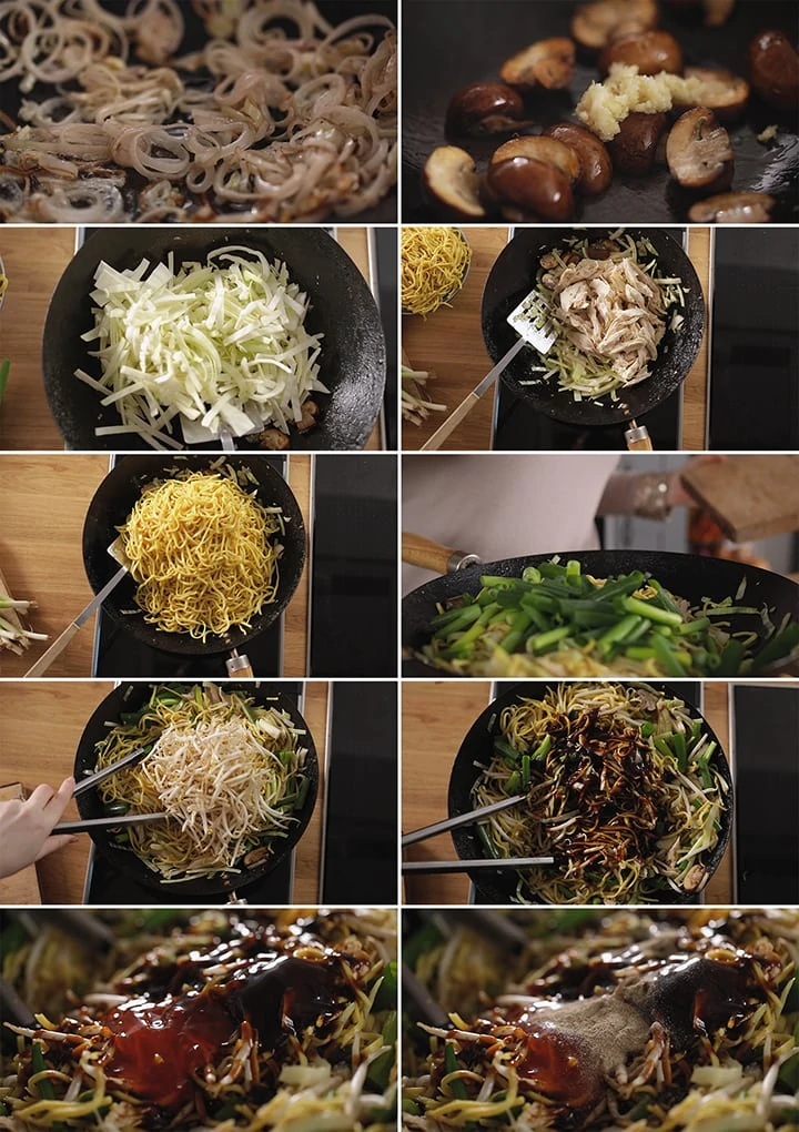 10 image collage showing how to make mee goreng (asian noodles)