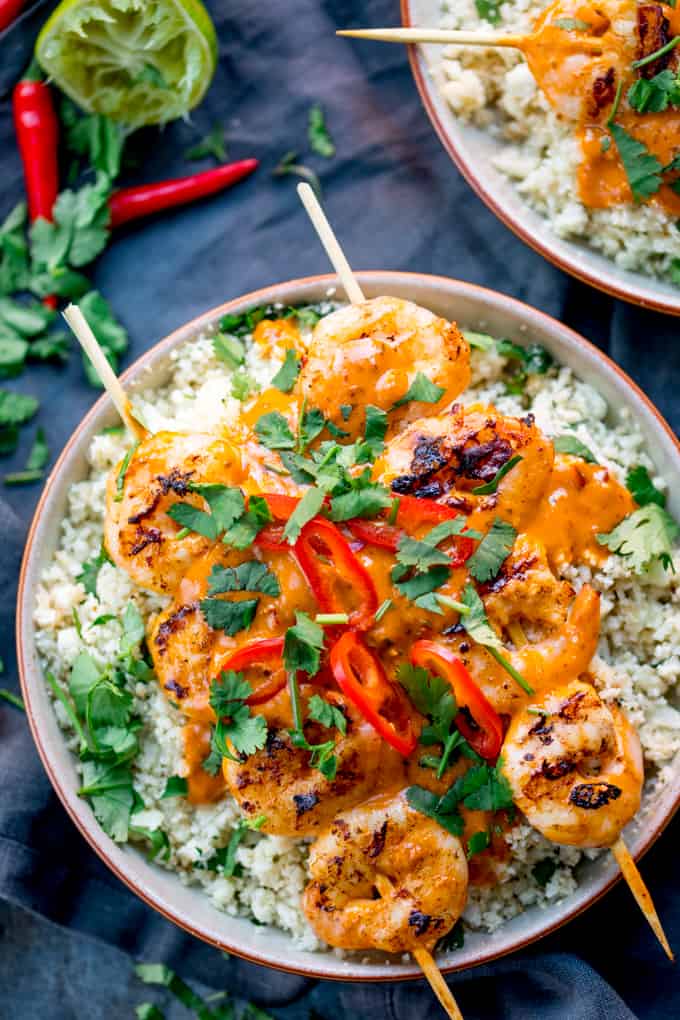 Overhead Photo of Thai Prawns With Cauliflower Rice