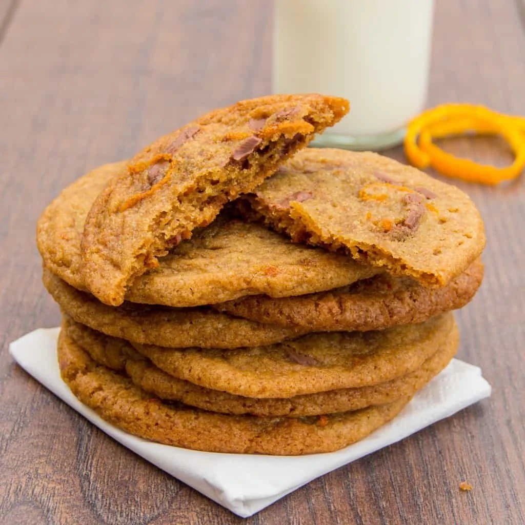 Chocolate Orange Chewy Cookies on a wooden board