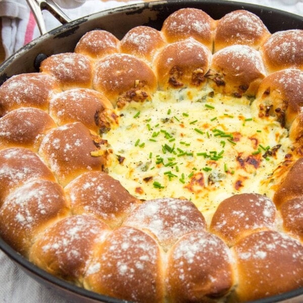 Skillet Dough Balls with Cheesy Chard Dip - all cooked and served from one pan. Plonk it on the table and let everyone dig in!