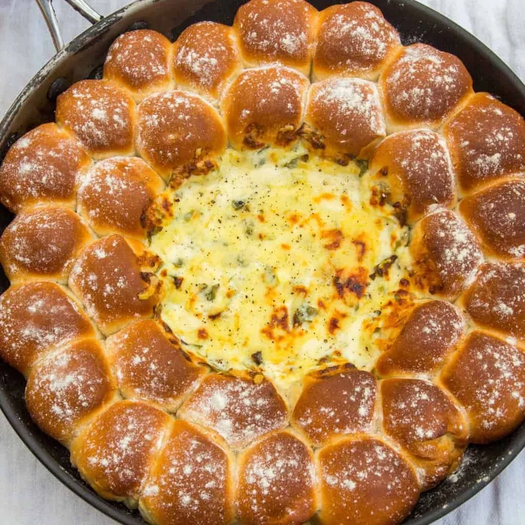 skillet dough balls with cheesy chard dip