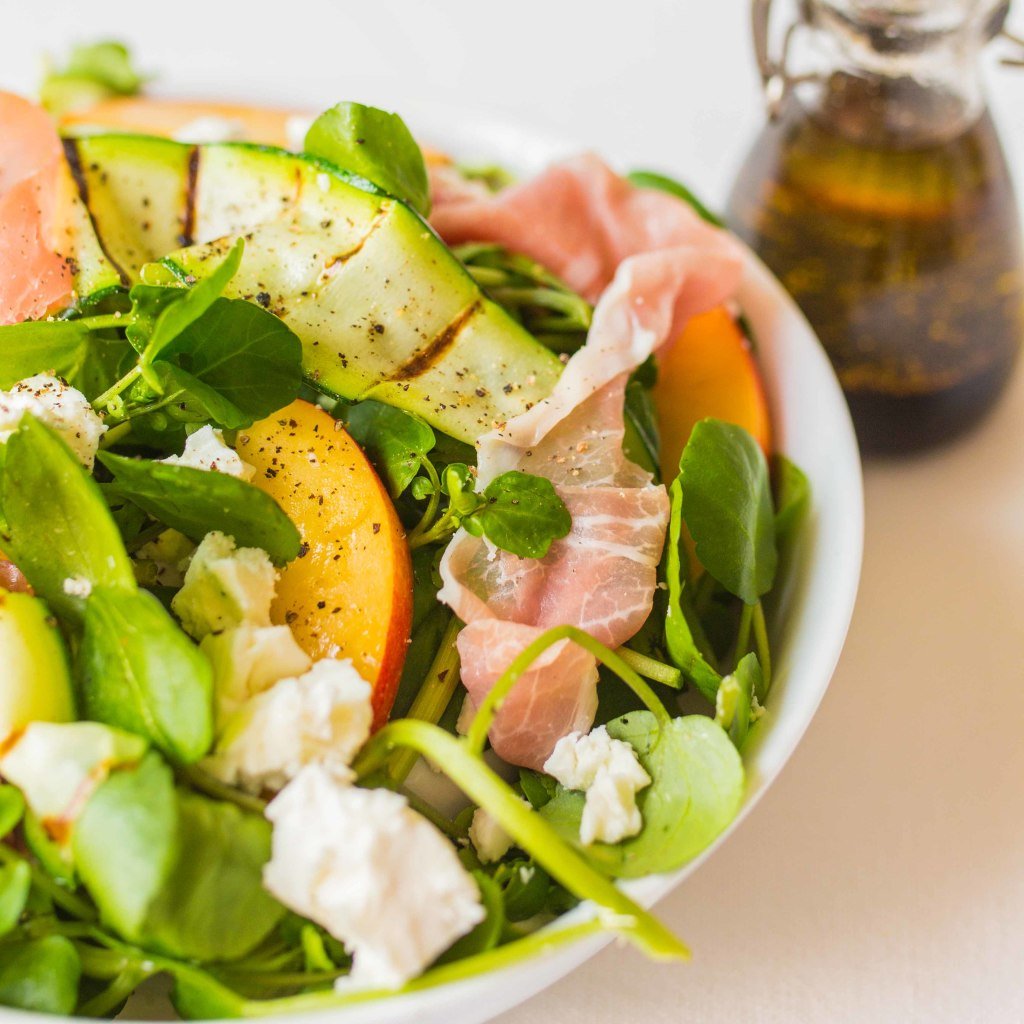 Prosciutto, feta and nectarine salad with griddled courgette - the perfect summer salad!