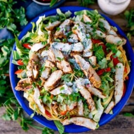 This Cajun Chicken Noodle Salad with Creamy Chilli Lime Dressing is a colourful any-season salad to set your taste buds tingling. Awesome Chicken Salad with a Kick! #Cajunchicken #noodlesalad #glutenfreesalad #glutenfreedinner #creamydressing