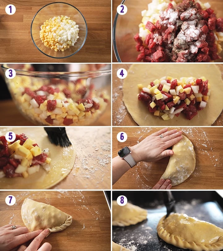 8 image collage showing how to make Cornish Pasties
