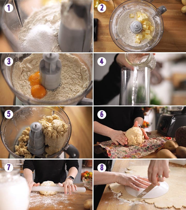 8 image collage showing how to make the pastry for Cornish pasties