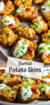 Two image collage of bacon and cheese potato skins on a plate with text overlay