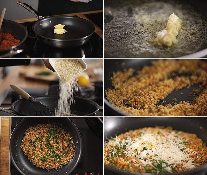 6 image collage showing how to make crisp garlic crumbs