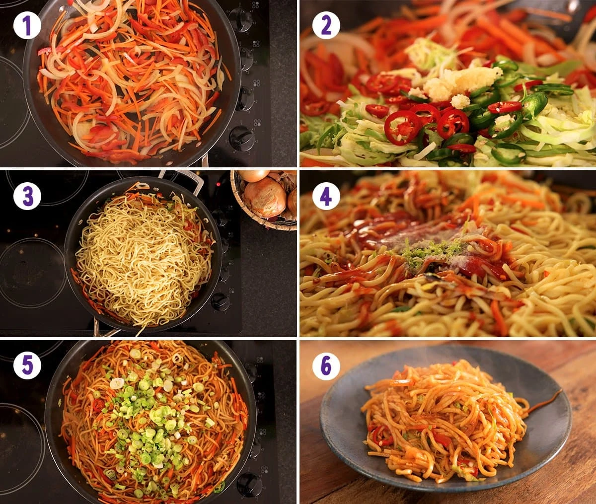 6 image collage showing how to make chilli lime noodles.