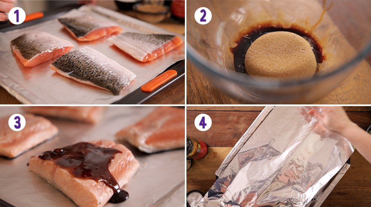 4 image collage showing how to make Asian salmon
