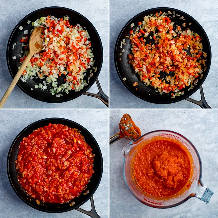 four image collage showing the making of tomato and red pepper sauce