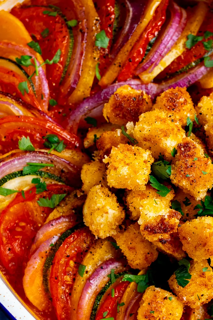 Close up of ratatouille with crispy feta croutons