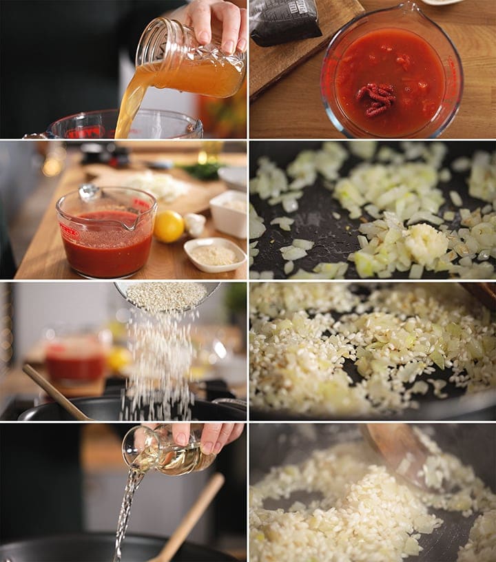 8 image collage showing initial steps to make tomato risotto