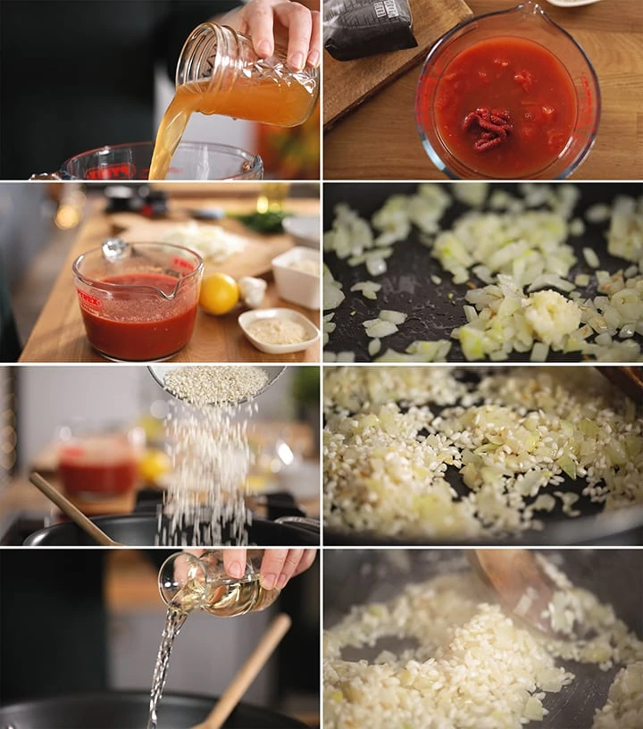 8 image collage showing initial steps to make tomato risotto