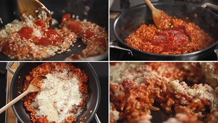 4 image collage showing the final steps for making tomato risotto