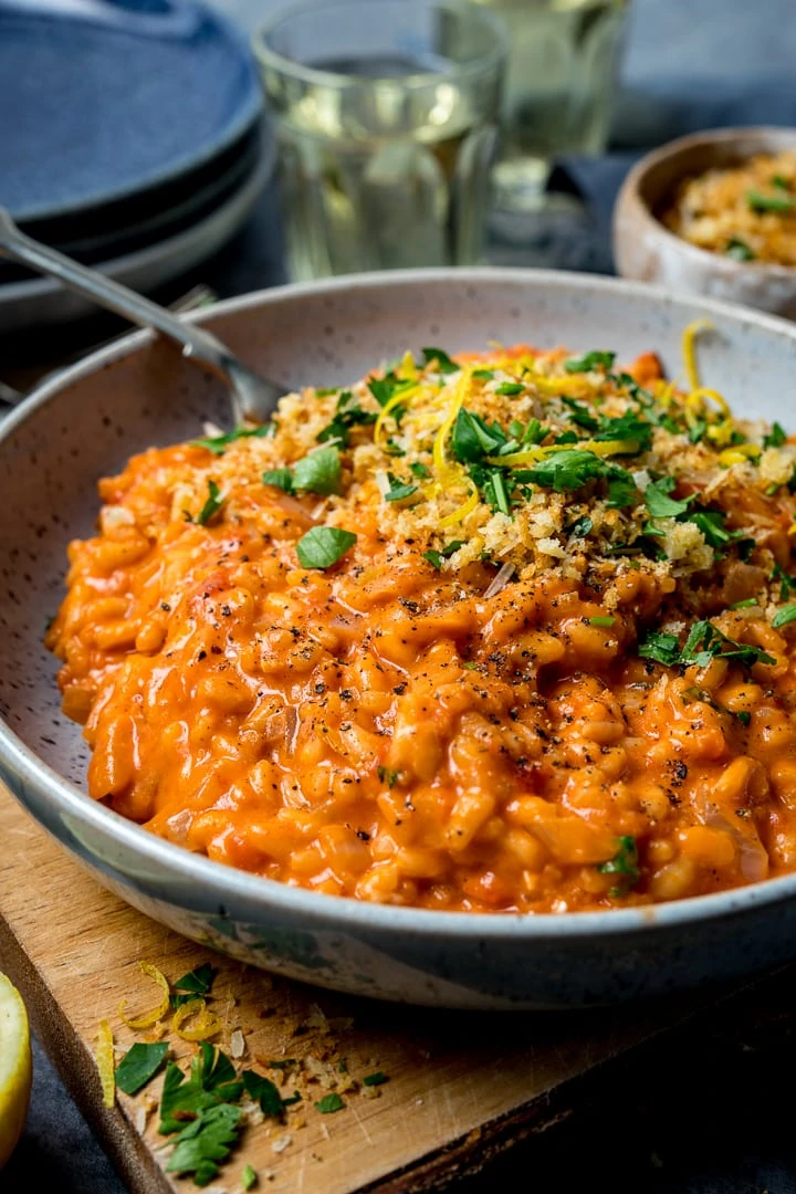 Creamy Tomato Risotto with Crispy Garlic Crumbs