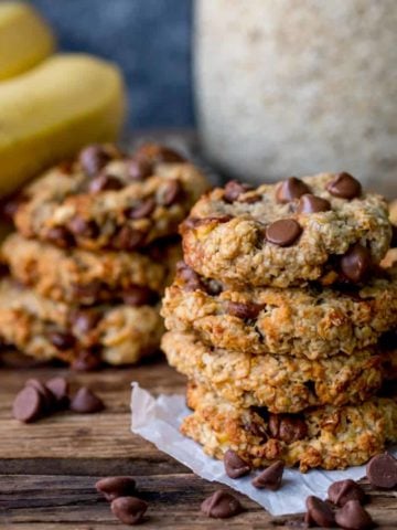 Square image of banana oat chocolate chips cookies