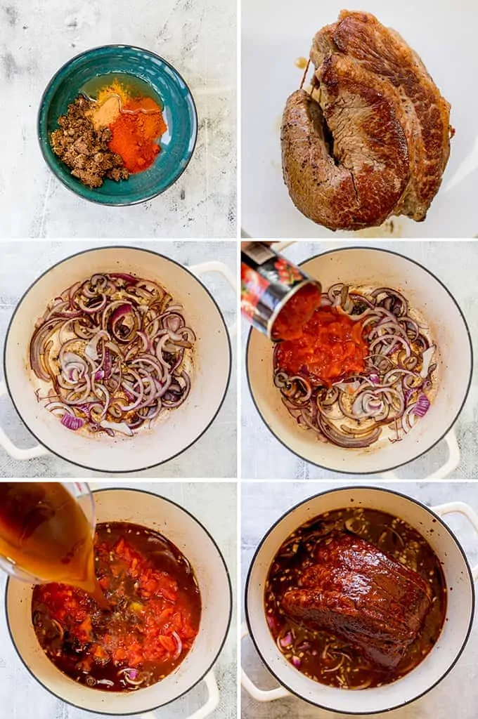 6 preparation photos for slow cooked beef brisket in a tangy tomato sauce
