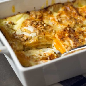Butternut gratin - Butternut squash layered with cheese, cream, pine nuts and a little sage