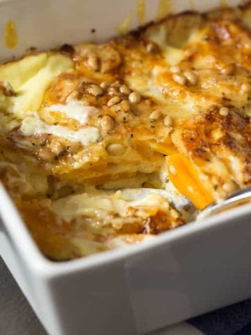 Butternut gratin - Butternut squash layered with cheese, cream, pine nuts and a little sage