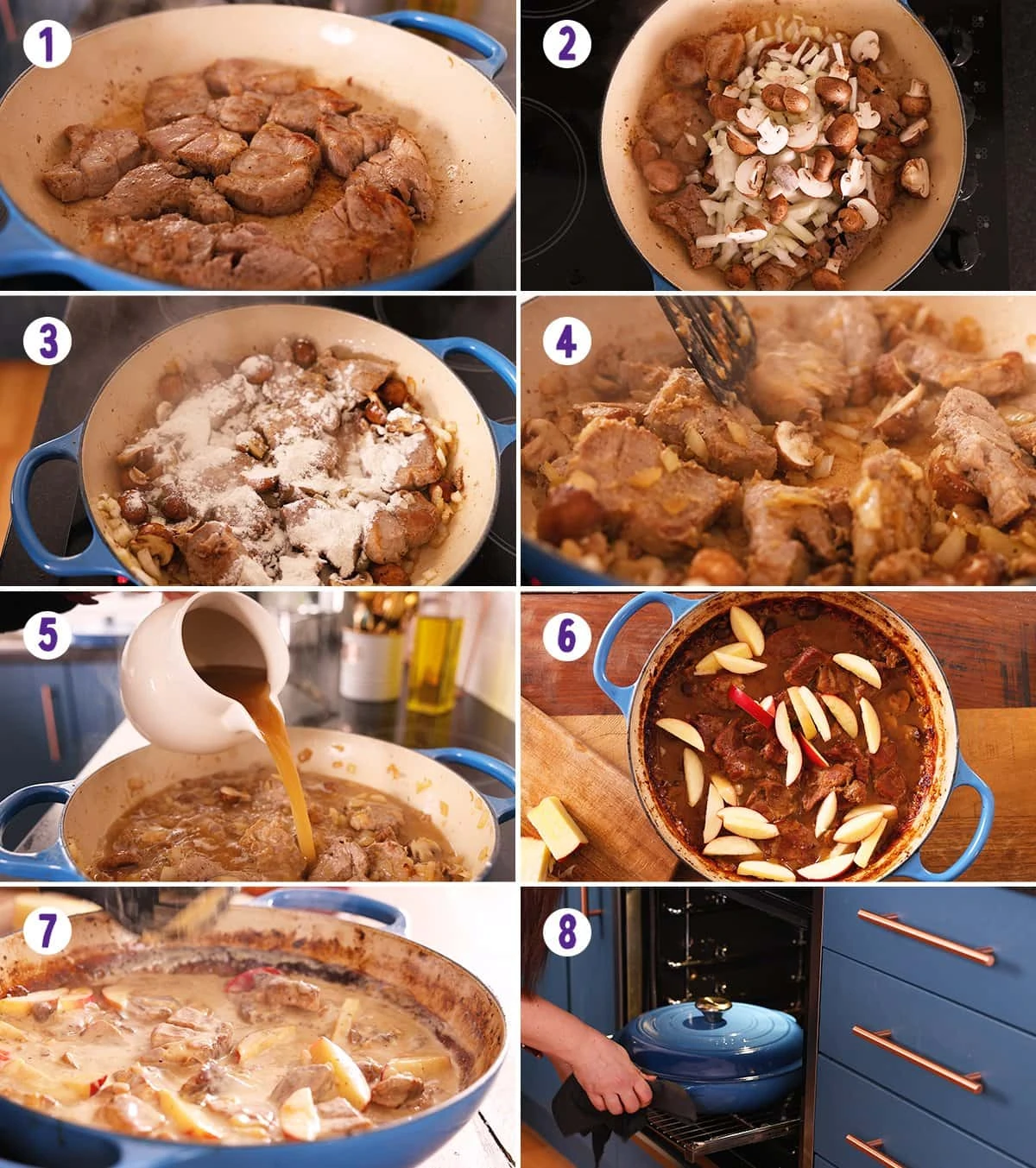 8 image collage showing how to make creamy pork and apple casserole