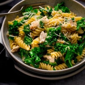 Close up of a bowl of garlic chicken pasta and kale with a fork in the bowl.