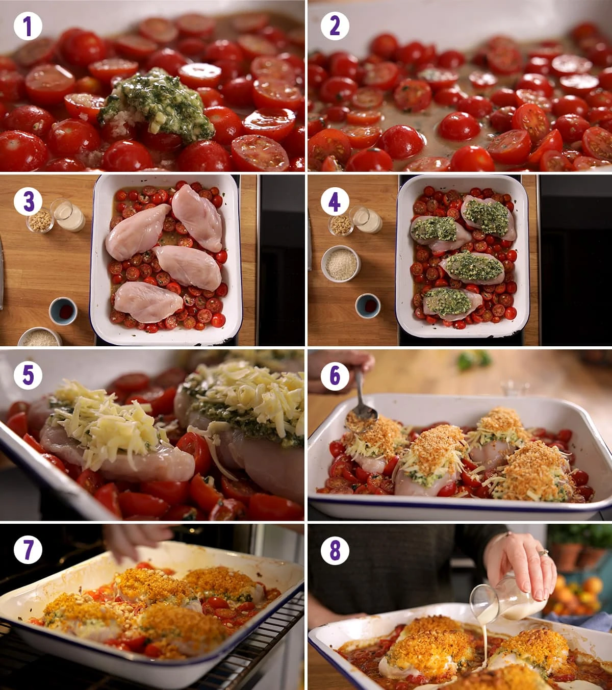 8 image collage showing how to make baked pesto chicken