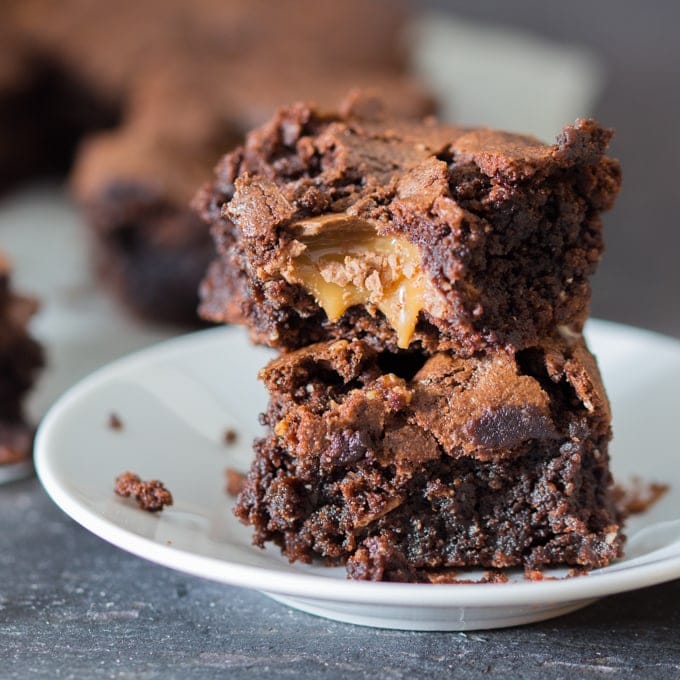 Chocolate caramel brownies - rich, moist chocolate brownie. Crisp on top with a gooey caramel centre.