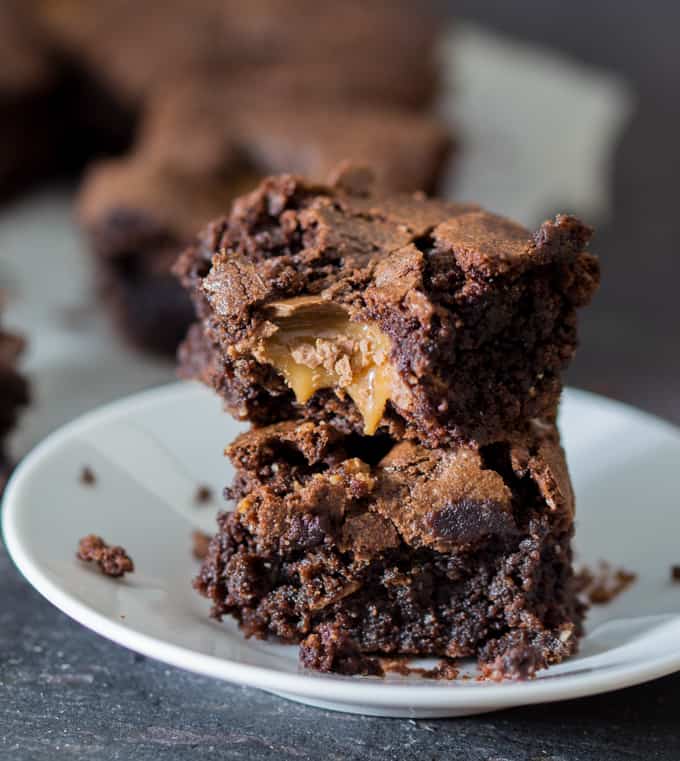 Gooey Chocolate Caramel Brownies - rich, moist chocolate brownie. Crisp on top with a gooey caramel centre.