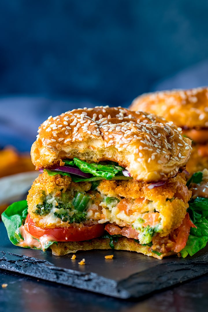 Cheesy Veggie Burger with bite taken out