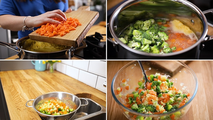 Cheesy veggie burger prep steps boiling and mashing veg