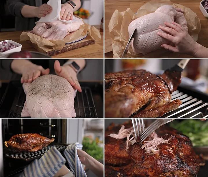 6 image collage showing how to make crispy duck at home