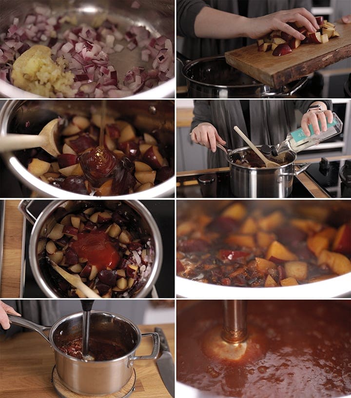 8 image collage showing how to make plum sauce to go with crispy duck