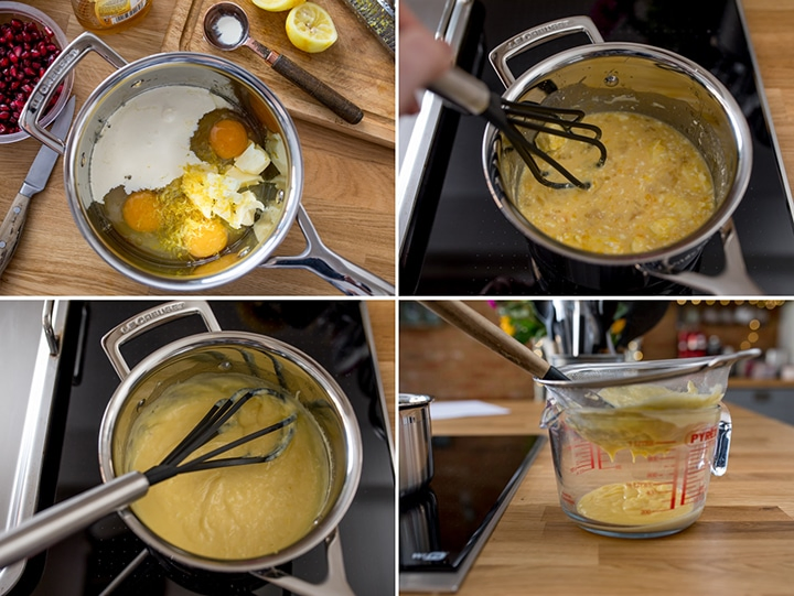 collage of steps for making lemon cream sauce for pancakes