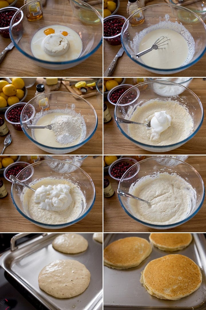 Collage of images for making ricotta pancakes