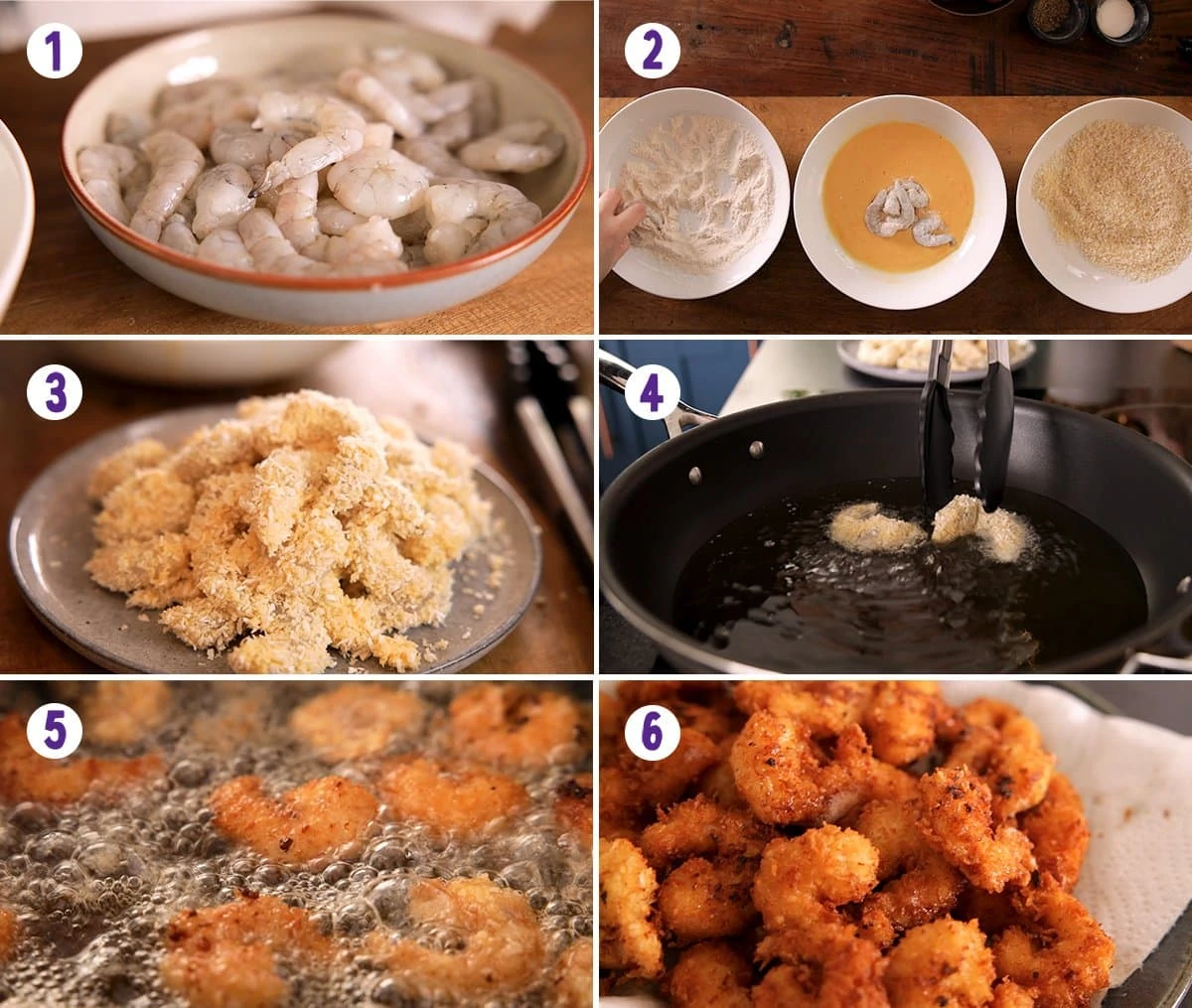 6 image collage showing how to make coconut shrimp