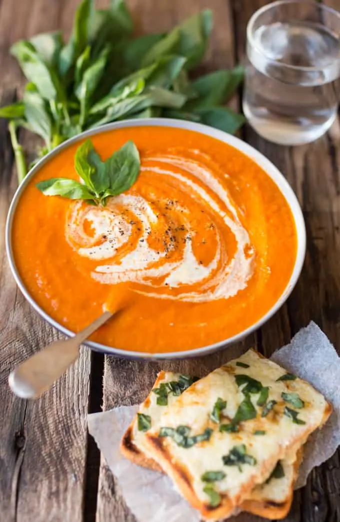 Creamy Tomato Soup with Basil cheese on toast - the added hidden veg means it's extra healthy whilst still tasting indulgent!