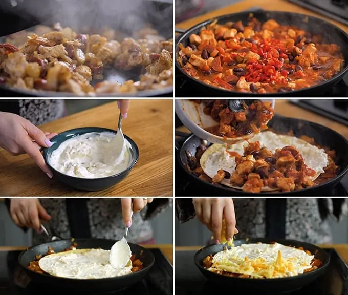 6 process shots of the making of Enchilada Skillet Lasagna